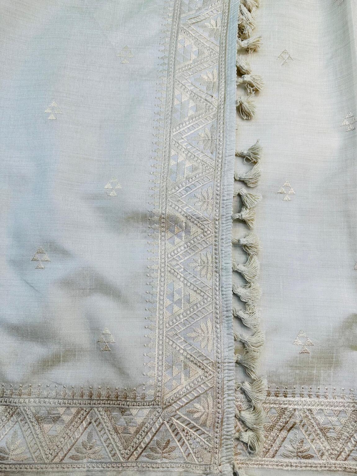 Delightful Off White Embroidery Work Tussar Silk Saree With Inimitable Blouse Piece
