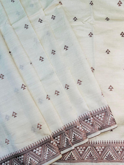 Lovely Off White Embroidery Work Tussar Silk Saree With Demanding Blouse Piece