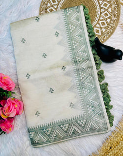 Stunner Off White Embroidery Work Tussar Silk Saree With Elision Blouse Piece