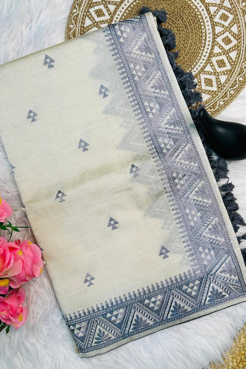 Load image into Gallery viewer, Cynosure Off White Embroidery Work Tussar Silk Saree With Smart Blouse Piece
