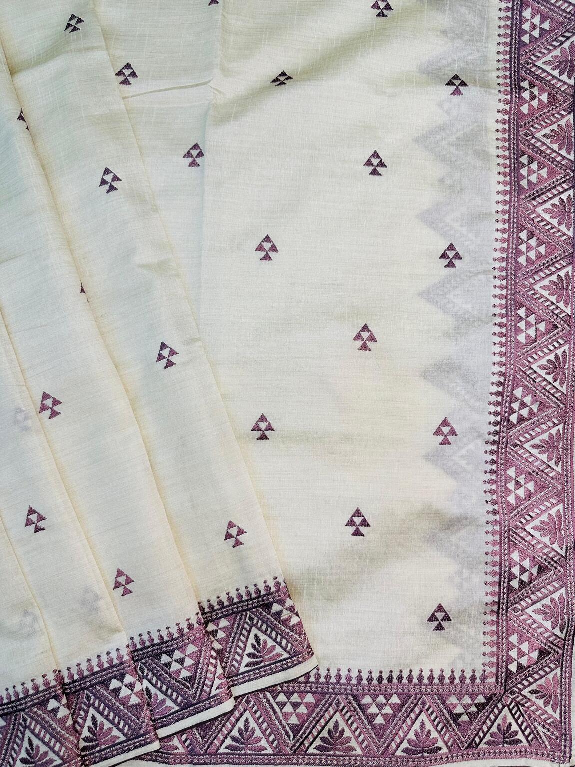 Desultory Off White Embroidery Work Tussar Silk Saree With Vibrant Blouse Piece