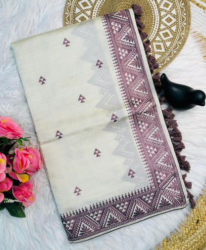 Desultory Off White Embroidery Work Tussar Silk Saree With Vibrant Blouse Piece