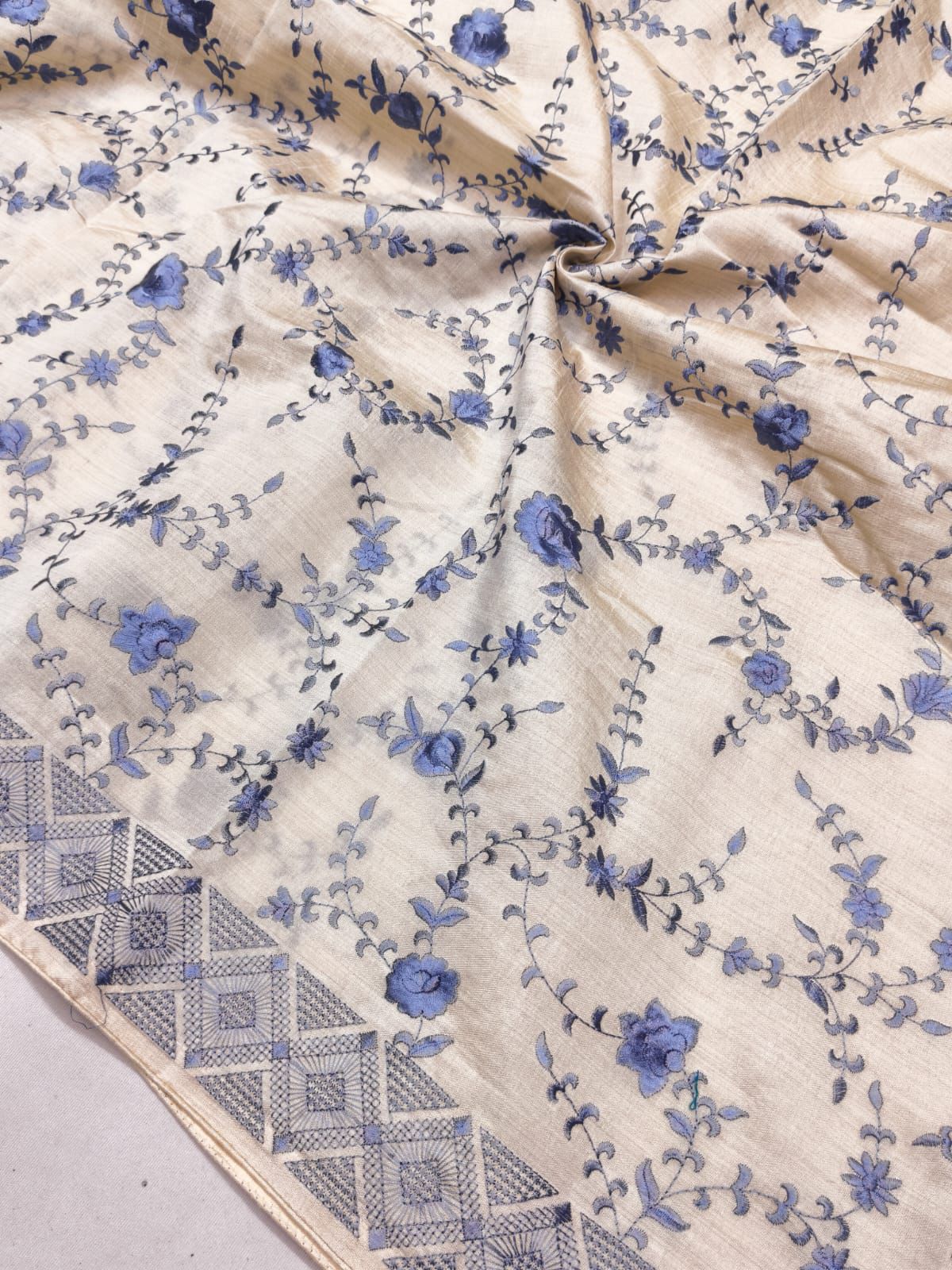 Quintessential Beige Embroidery Work Tussar Silk Saree With Impressive Blouse Piece