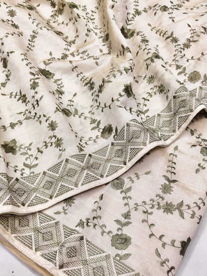 Epiphany Beige Embroidery Work Tussar Silk Saree With Fairytale Blouse Piece