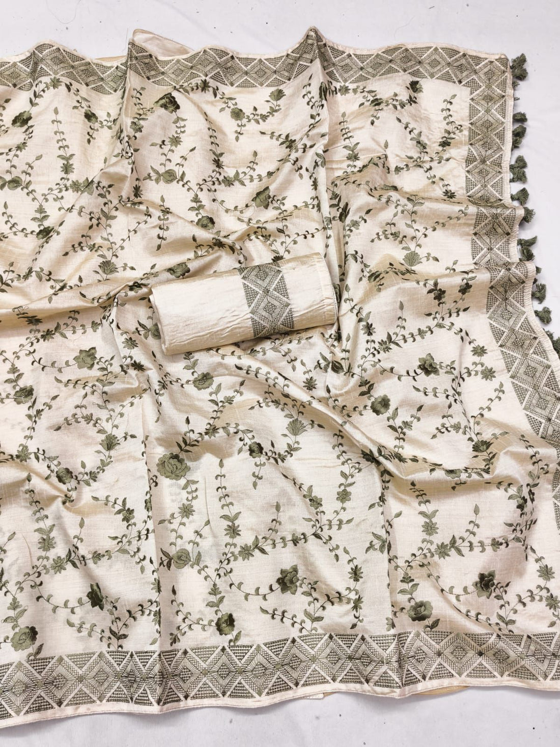 Epiphany Beige Embroidery Work Tussar Silk Saree With Fairytale Blouse Piece