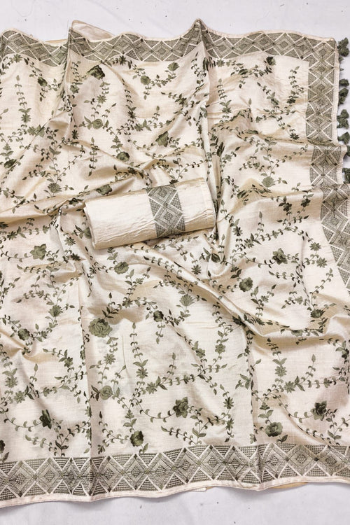 Load image into Gallery viewer, Epiphany Beige Embroidery Work Tussar Silk Saree With Fairytale Blouse Piece
