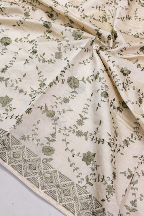 Load image into Gallery viewer, Epiphany Beige Embroidery Work Tussar Silk Saree With Fairytale Blouse Piece
