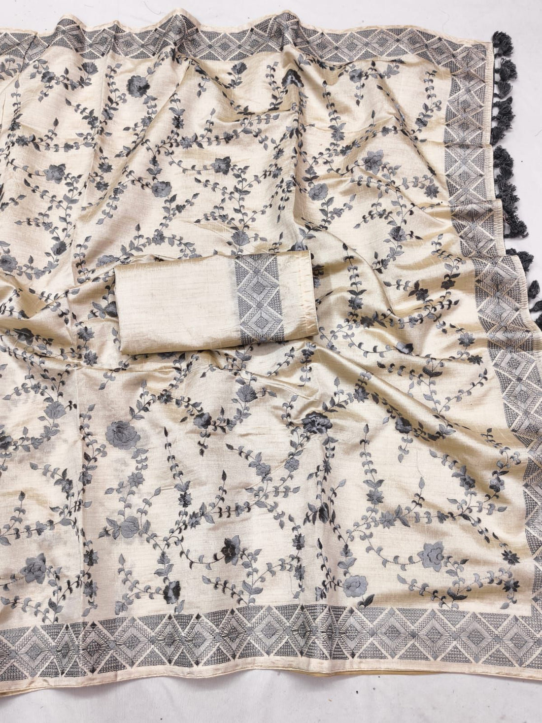 Ebullience Beige Embroidery Work Tussar Silk Saree With Artistic Blouse Piece