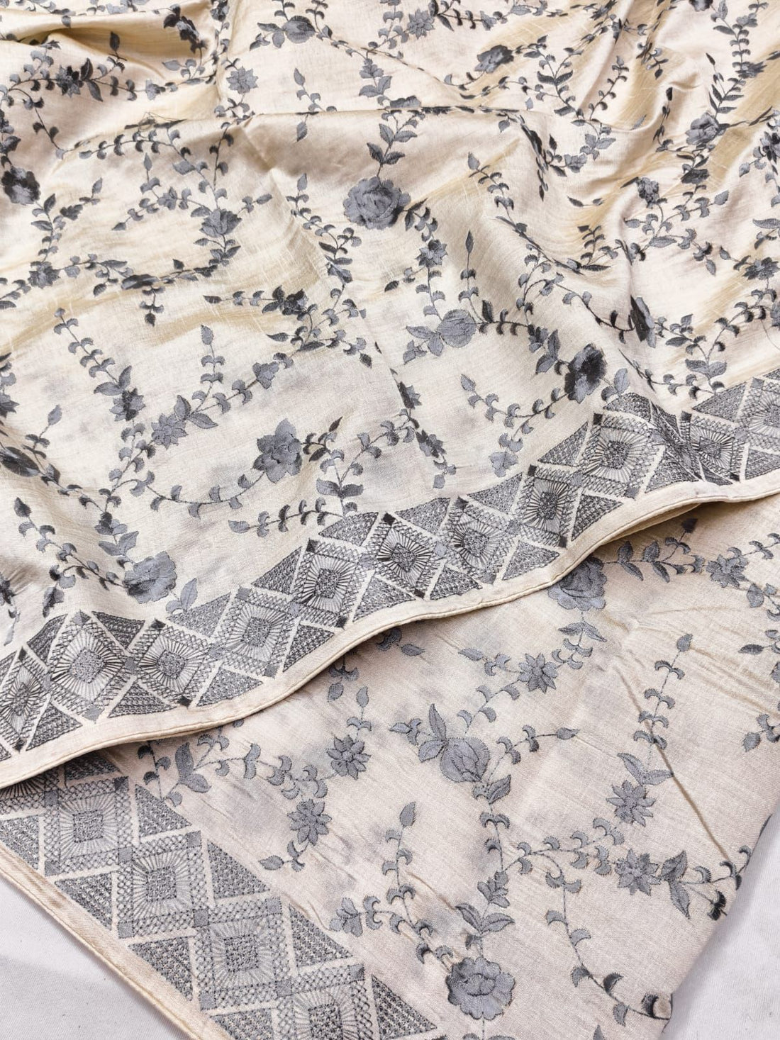 Ebullience Beige Embroidery Work Tussar Silk Saree With Artistic Blouse Piece