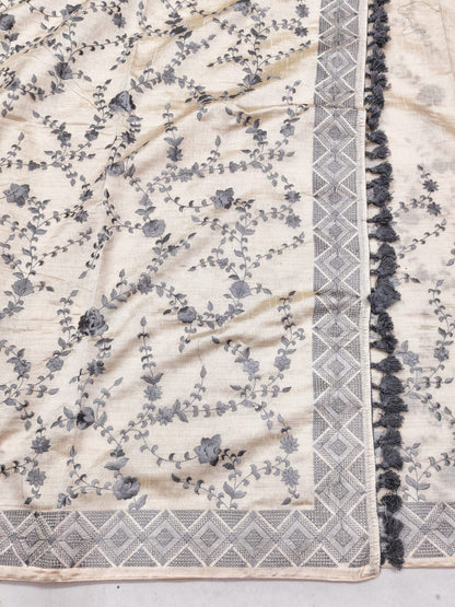 Ebullience Beige Embroidery Work Tussar Silk Saree With Artistic Blouse Piece