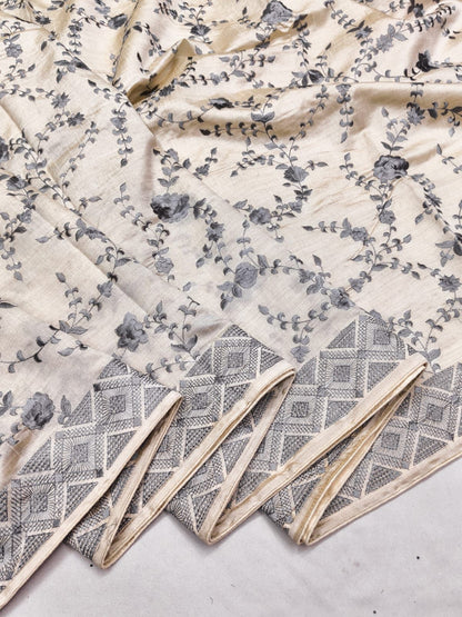 Ebullience Beige Embroidery Work Tussar Silk Saree With Artistic Blouse Piece