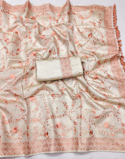 Enthralling Beige Embroidery Work Tussar Silk Saree With Proficient Blouse Piece