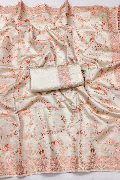 Load image into Gallery viewer, Enthralling Beige Embroidery Work Tussar Silk Saree With Proficient Blouse Piece
