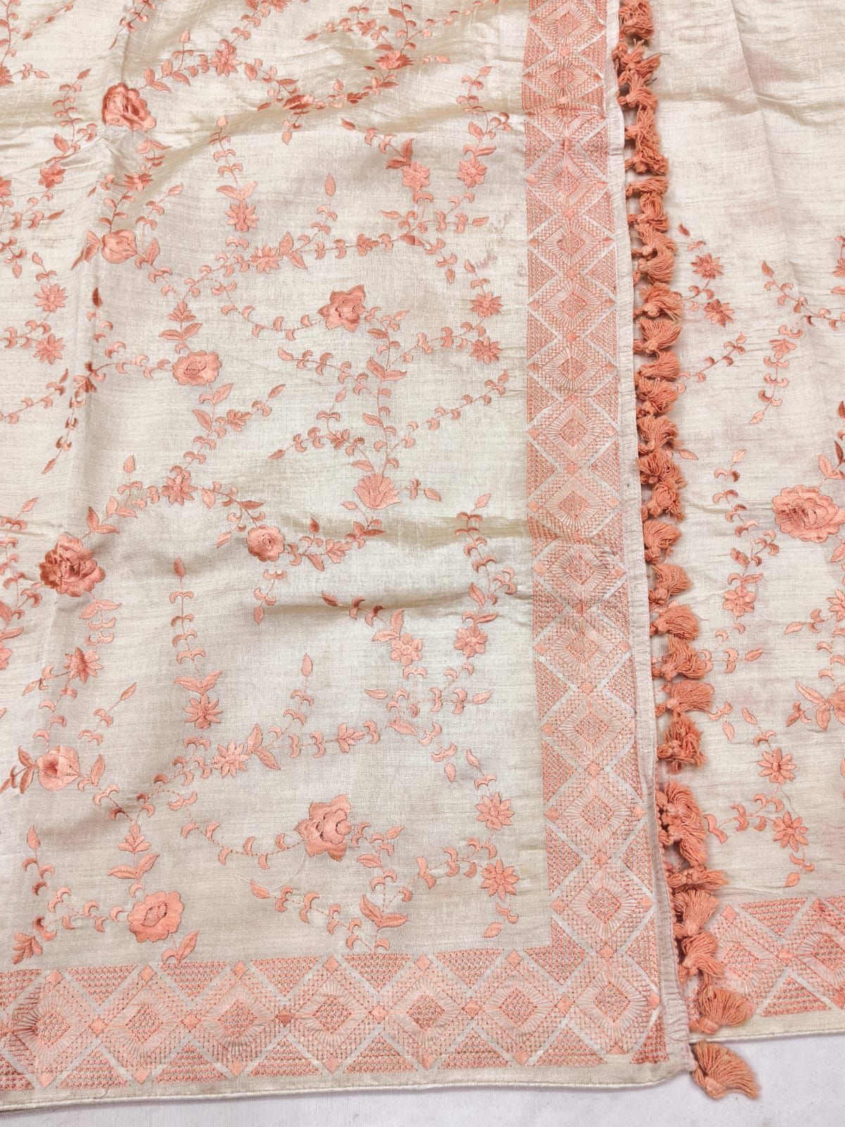 Enthralling Beige Embroidery Work Tussar Silk Saree With Proficient Blouse Piece