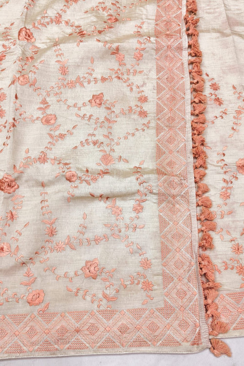 Load image into Gallery viewer, Enthralling Beige Embroidery Work Tussar Silk Saree With Proficient Blouse Piece
