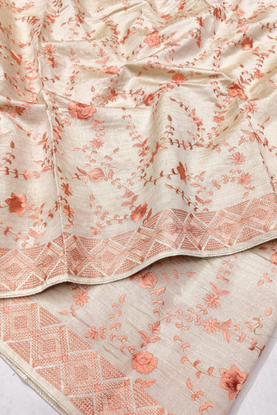 Enthralling Beige Embroidery Work Tussar Silk Saree With Proficient Blouse Piece