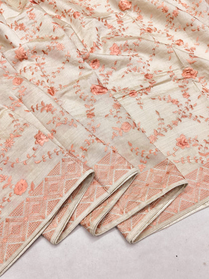 Enthralling Beige Embroidery Work Tussar Silk Saree With Proficient Blouse Piece