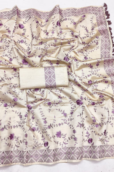 Profuse Beige Embroidery Work Tussar Silk Saree With Conflate Blouse Piece