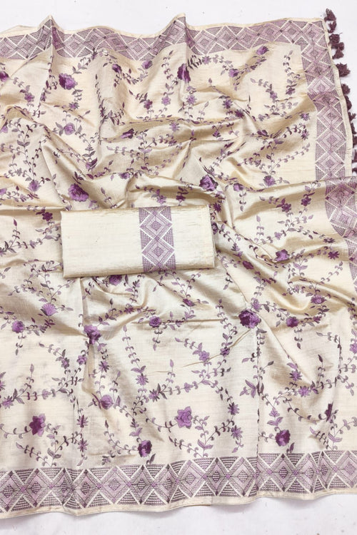 Load image into Gallery viewer, Profuse Beige Embroidery Work Tussar Silk Saree With Conflate Blouse Piece
