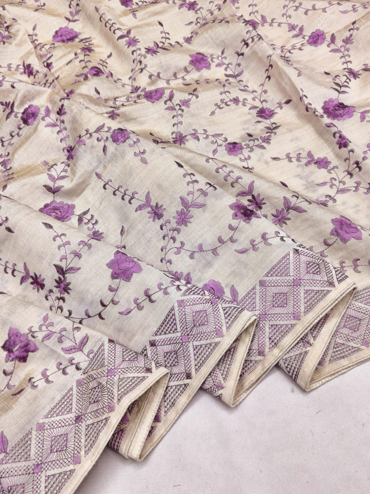 Profuse Beige Embroidery Work Tussar Silk Saree With Conflate Blouse Piece