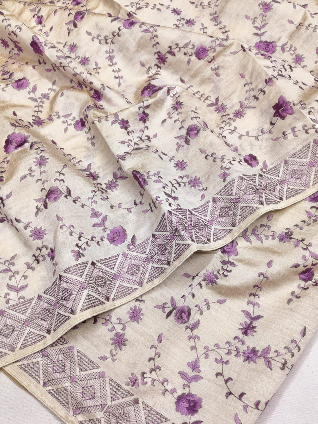 Profuse Beige Embroidery Work Tussar Silk Saree With Conflate Blouse Piece