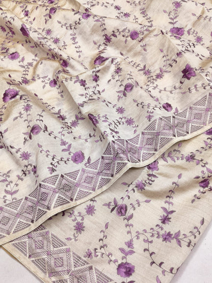 Profuse Beige Embroidery Work Tussar Silk Saree With Conflate Blouse Piece