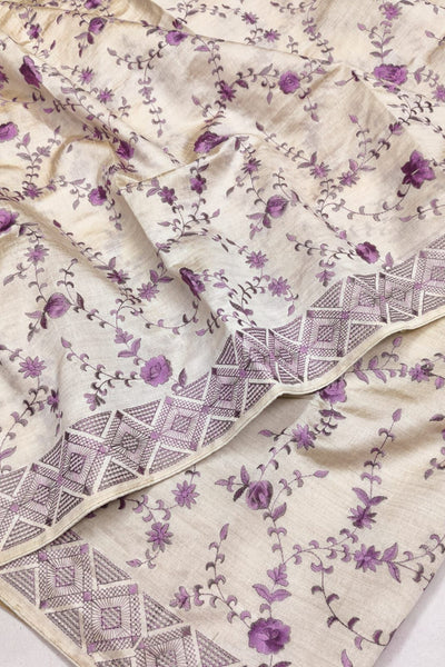 Profuse Beige Embroidery Work Tussar Silk Saree With Conflate Blouse Piece