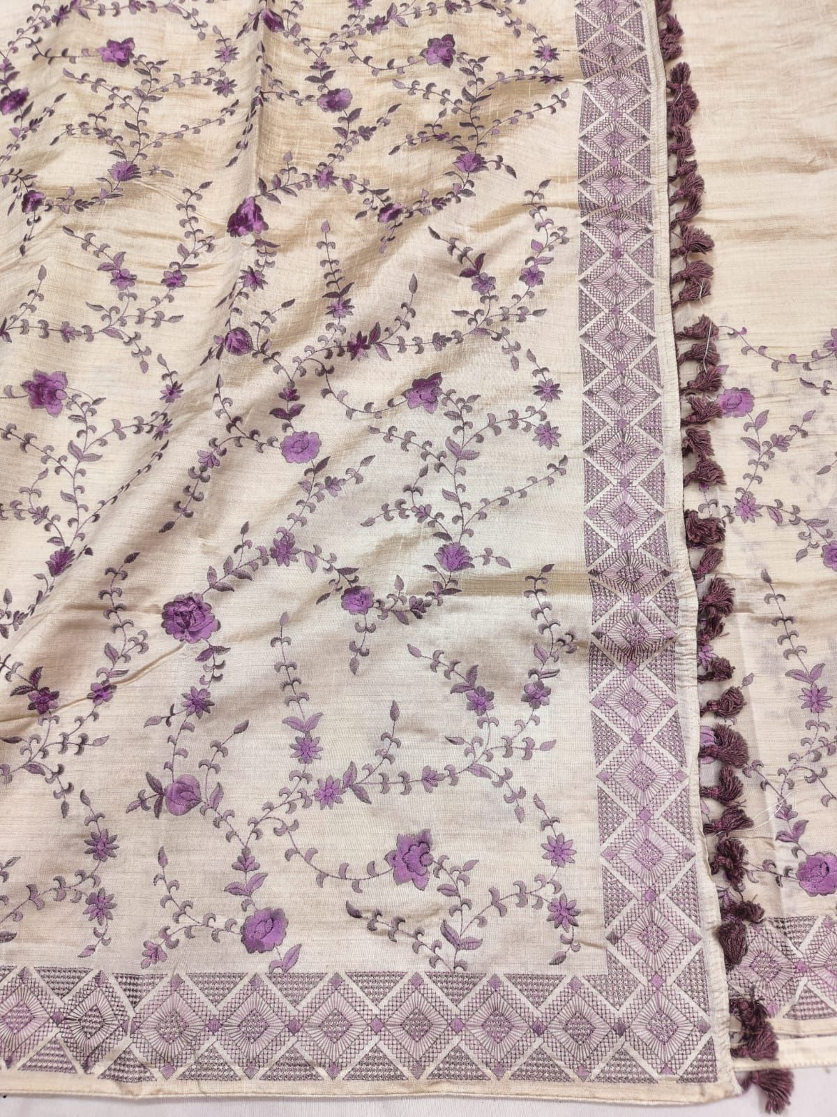 Profuse Beige Embroidery Work Tussar Silk Saree With Conflate Blouse Piece