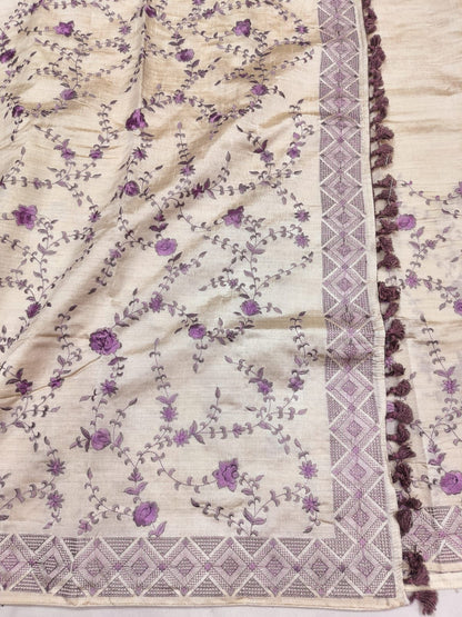 Profuse Beige Embroidery Work Tussar Silk Saree With Conflate Blouse Piece