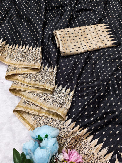 Classy Black Embroidery Work Tussar Silk Saree With Brood Blouse Piece