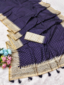 Fugacious Navy Blue Embroidery Work Tussar Silk Saree With Woebegone Blouse Piece
