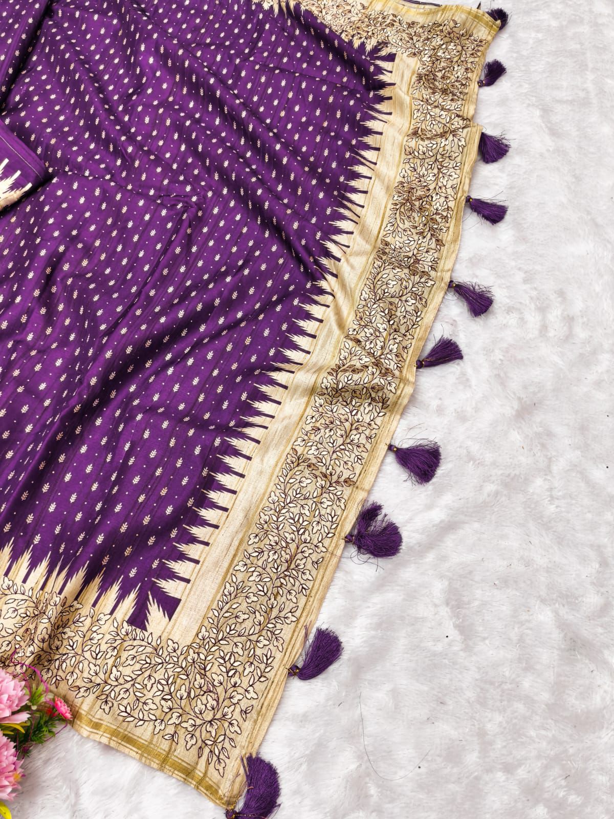Twirling Purple Embroidery Work Tussar Silk Saree With Felicitous Blouse Piece