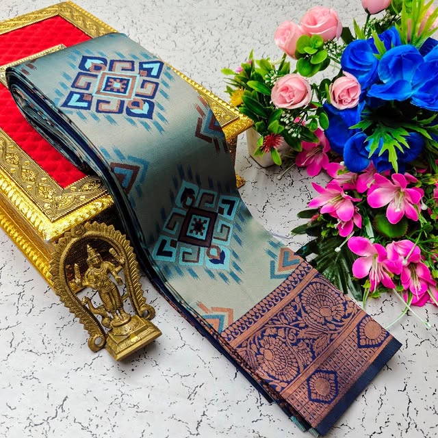 Splendiferous Sky Soft Banarasi Silk Saree With Whimsical Blouse Piece