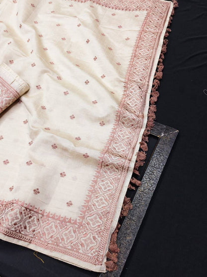 Vestigial Off White Embroidery Work Tussar Silk Saree With Adoring Blouse Piece