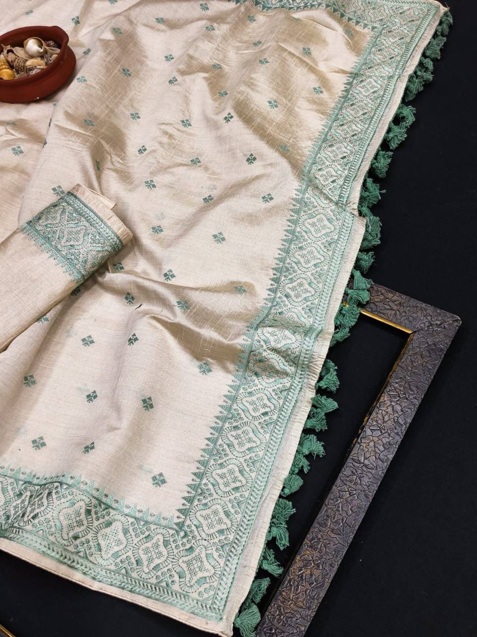 Hypnotic Off White Embroidery Work Tussar Silk Saree With Marvellous Blouse Piece