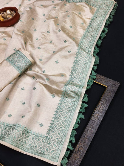 Hypnotic Off White Embroidery Work Tussar Silk Saree With Marvellous Blouse Piece