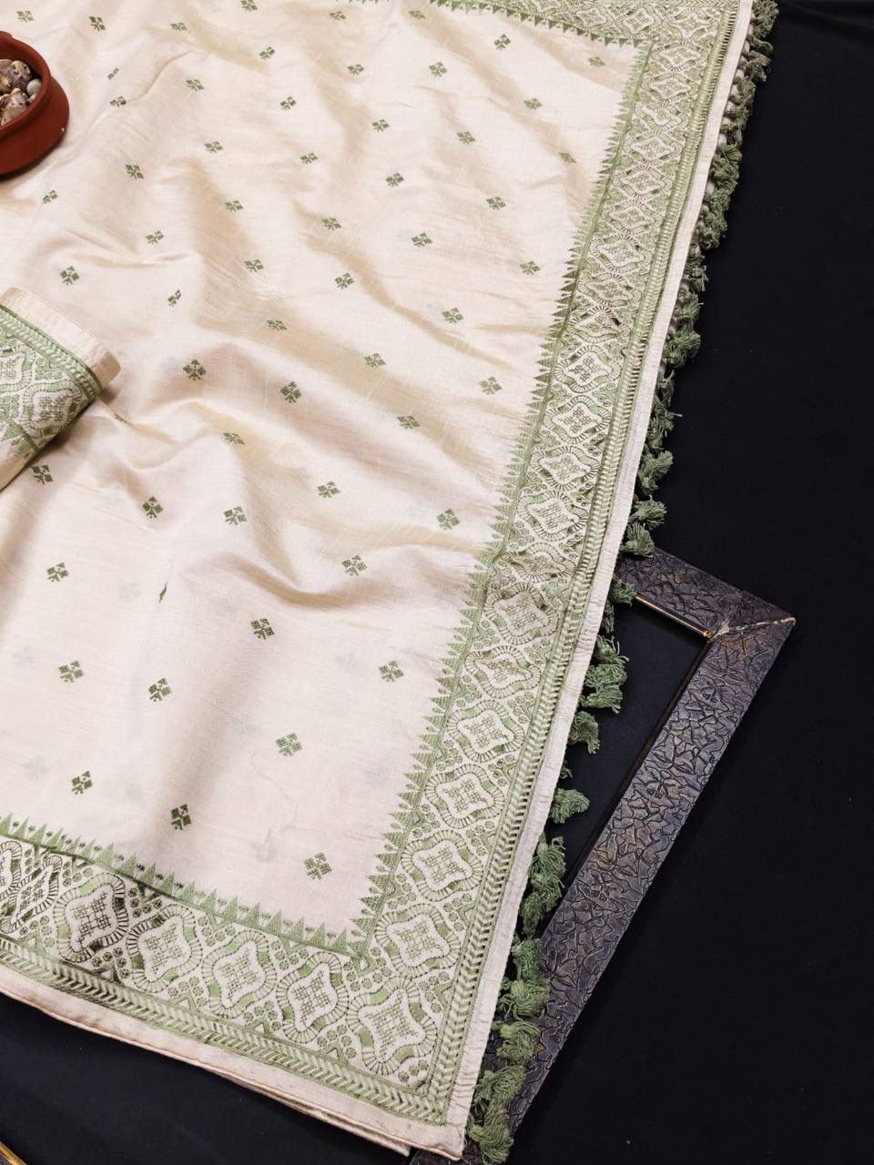 Mesmeric Off White Embroidery Work Tussar Silk Saree With Moiety Blouse Piece
