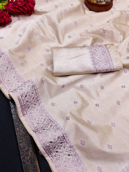 Incredible Off White Embroidery Work Tussar Silk Saree With Traditional Blouse Piece