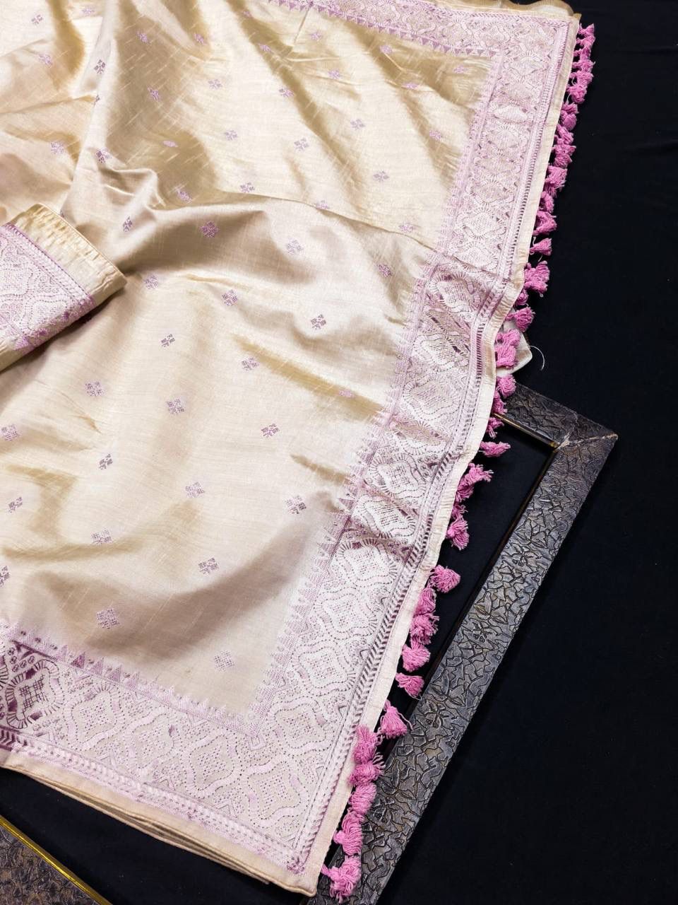 Incredible Off White Embroidery Work Tussar Silk Saree With Traditional Blouse Piece