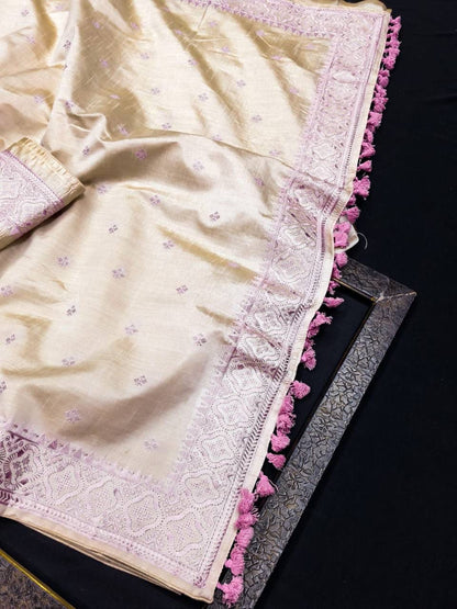 Incredible Off White Embroidery Work Tussar Silk Saree With Traditional Blouse Piece