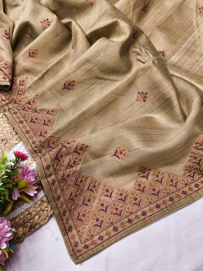 Quintessential Beige Embroidery Work Tussar Silk Saree With Flamboyant Blouse Piece