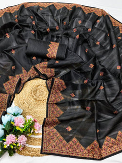 Elegant Black Embroidery Work Tussar Silk Saree With Gorgeous Blouse Piece