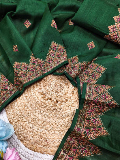 Adorable Dark Green Embroidery Work Tussar Silk Saree With Glittering Blouse Piece