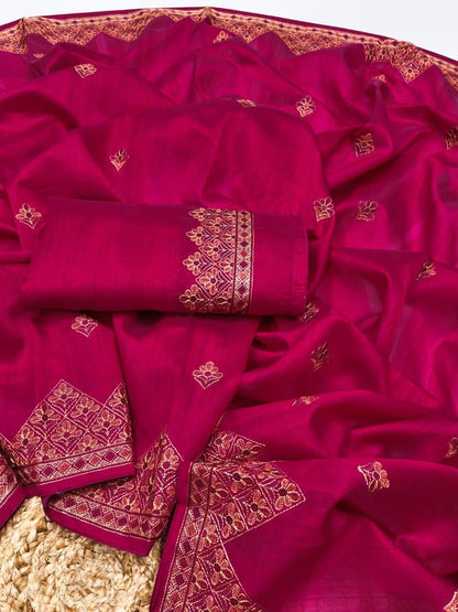 Verdant Dark Pink Embroidery Work Tussar Silk Saree With Seraphic Blouse Piece