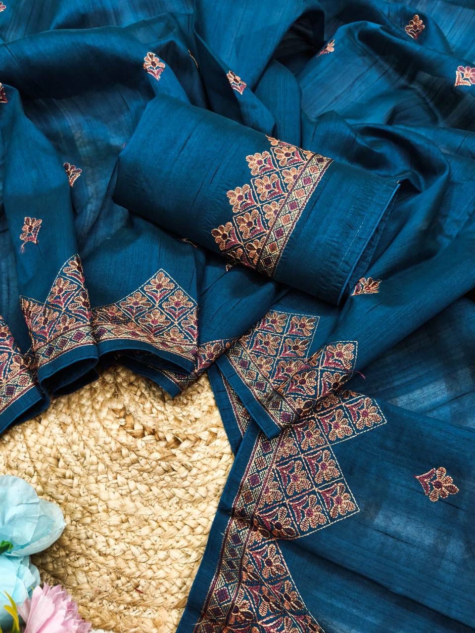 Luminous Teal Blue Embroidery Work Tussar Silk Saree With Stunner Blouse Piece