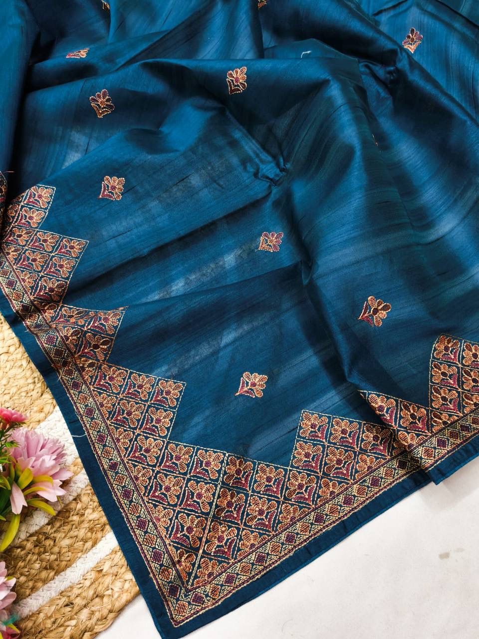 Luminous Teal Blue Embroidery Work Tussar Silk Saree With Stunner Blouse Piece