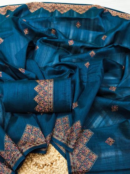 Luminous Teal Blue Embroidery Work Tussar Silk Saree With Stunner Blouse Piece