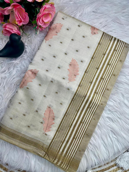 Murmurous Off White Embroidery Work Tussar Silk Saree With Enthralling Blouse Piece