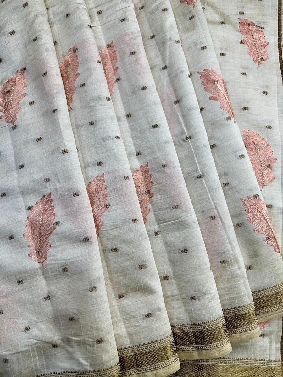 Murmurous Off White Embroidery Work Tussar Silk Saree With Enthralling Blouse Piece
