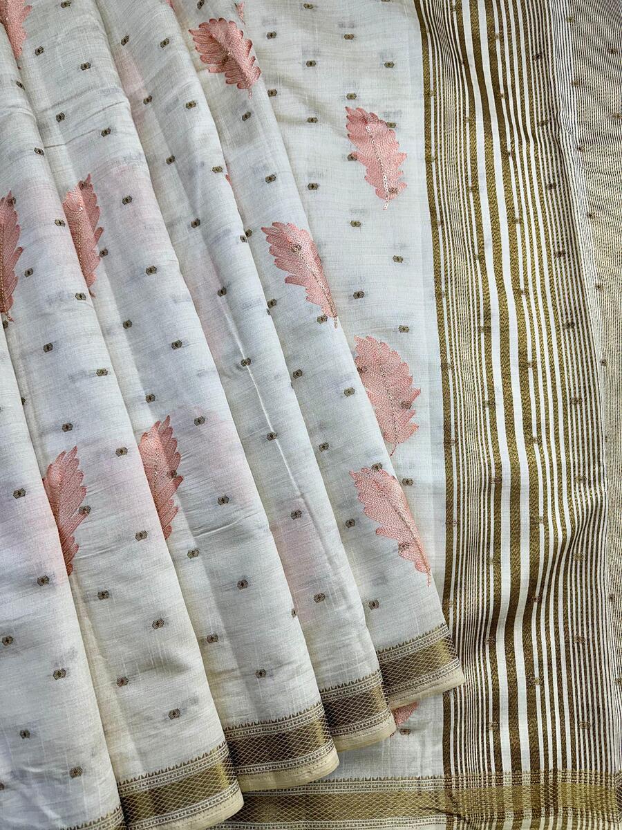 Murmurous Off White Embroidery Work Tussar Silk Saree With Enthralling Blouse Piece
